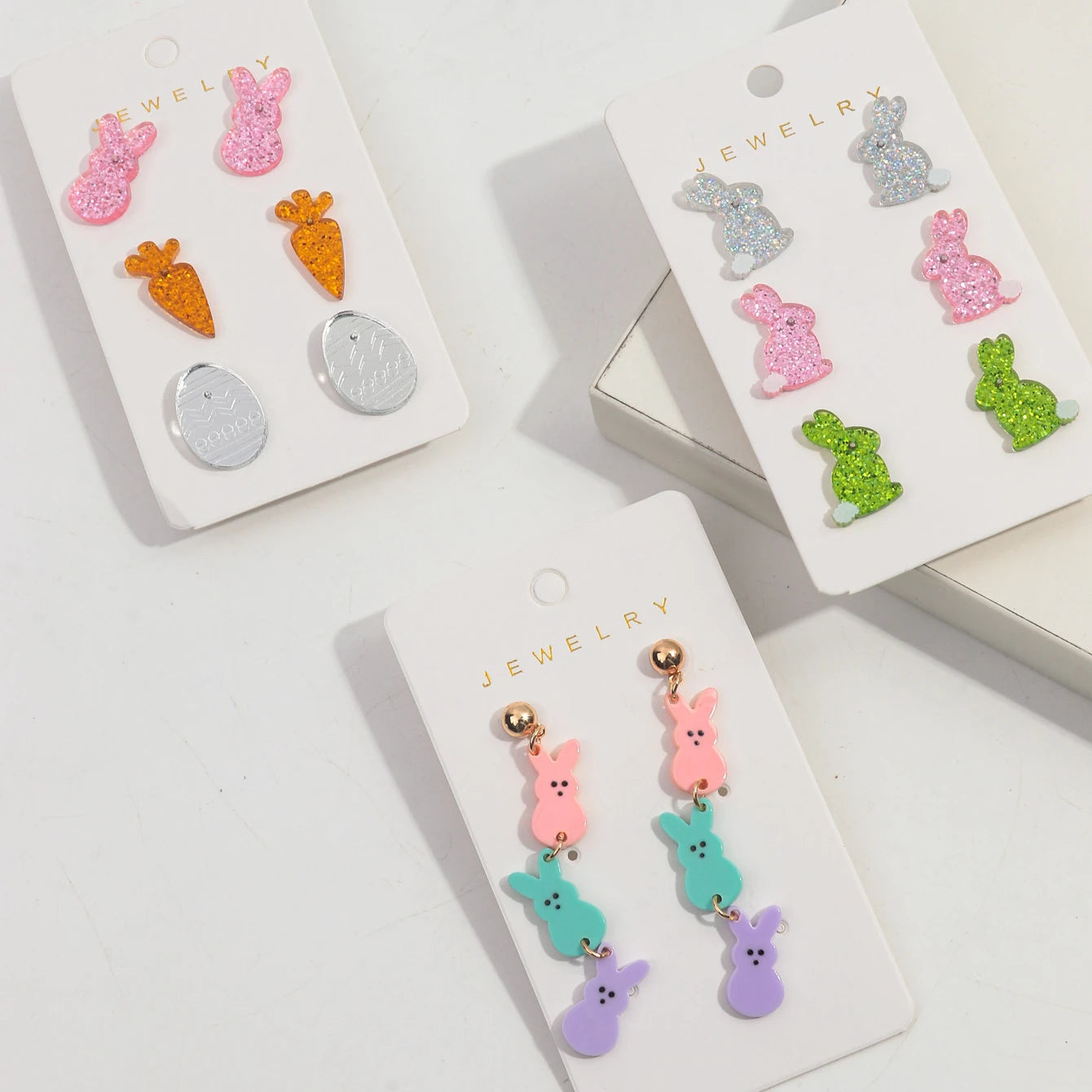Popular Colored Animal Ear Stud Resin Glitter Jewelry 3 Pairs/set Cute Bunny Accessories Easter Carrot Egg Stud Earrings Gift