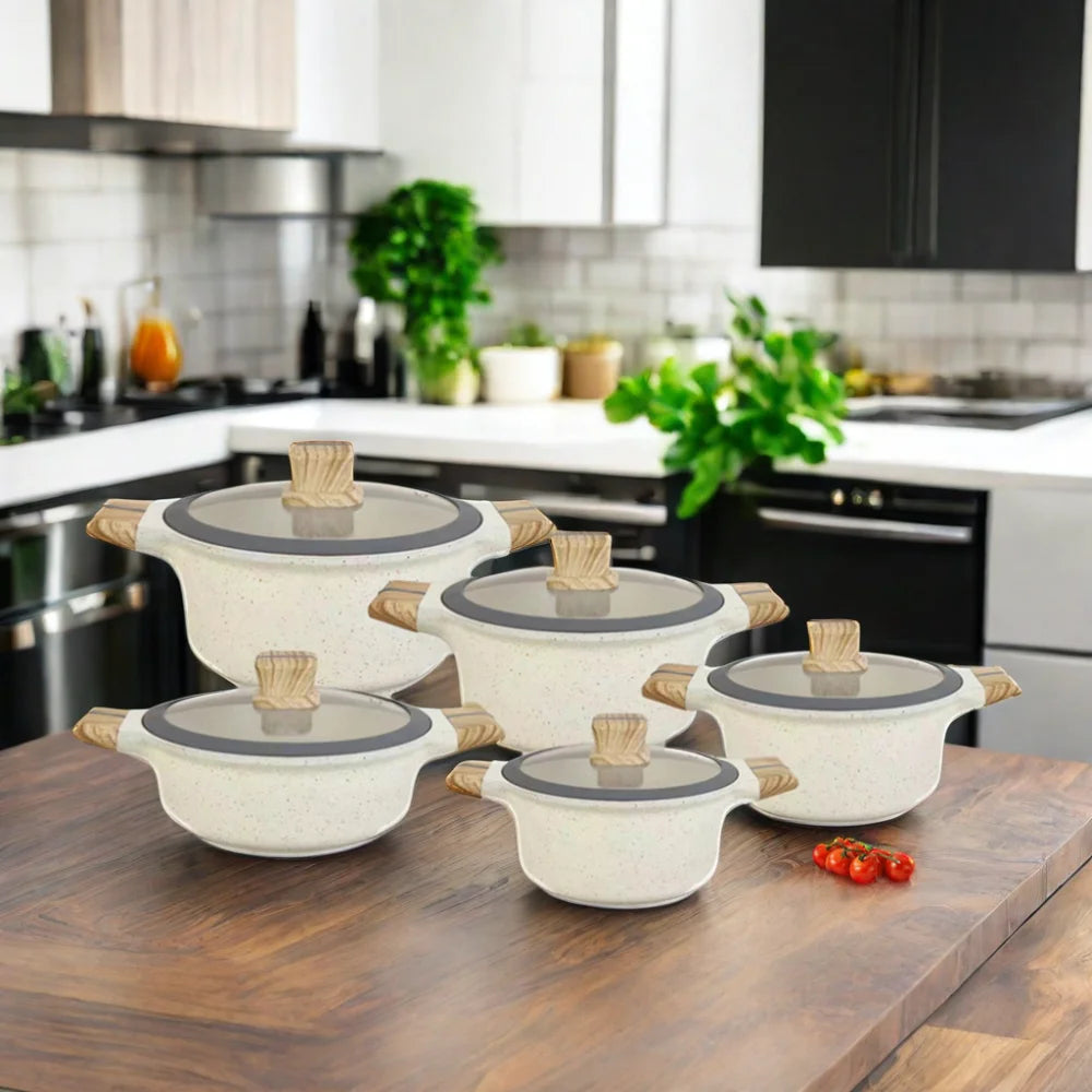 RTS 10-Piece Die Casting Marble Coating Casserole Set Wooden Bakelite & Silicone Rim for Soup & Stock Pots