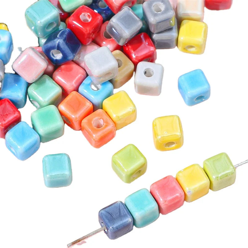 Cube Cream Color Straight Holes Ceramic Loose Beads DIY Hand-woven Bracelet Hair Rope Beaded Material Jewelry Accessories Bea