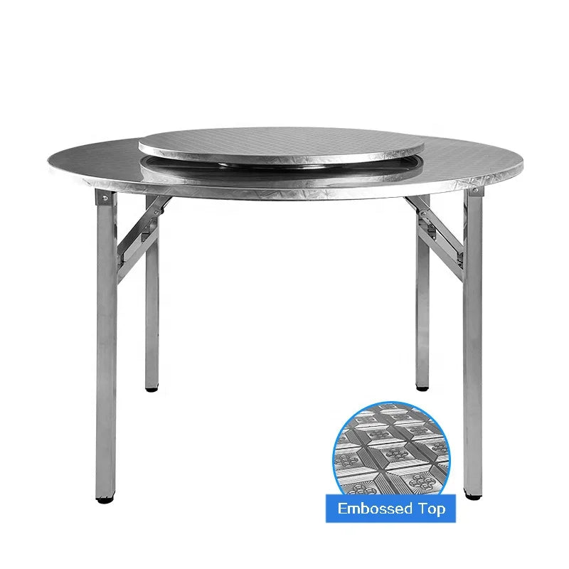 Embossed Modern Stainless Steel 120cm Folding Rotary Dining Table for Restaurant Canteen Hotel School Workshop Outdoor Use