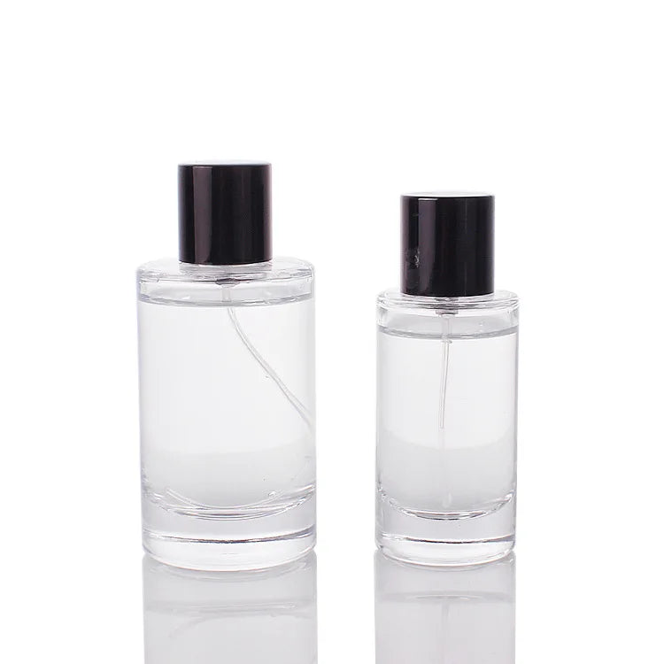 30ml 50ml 100ml Crimp Glass Spray Bottle with Black Sprayer Cap Luxury Empty clear Round Cylinder Thick Bottom Perfume Bottle