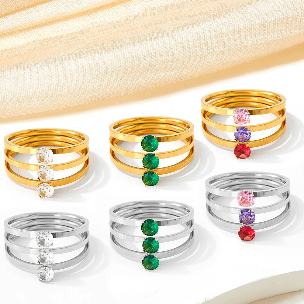 New Design Luxury Water Proof Gold Plated 316L Stainless Steel Inlaid Zircon Rainbow Three Layers Finger Ring for Women