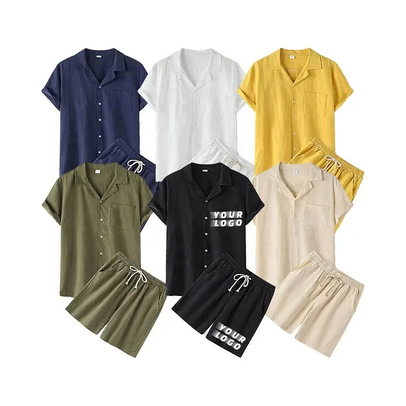 2025 Summer Men's Cotton and Linen Short-Sleeved Lapel Shirt and Shorts Set Solid Color Two-Piece Casual Fashion