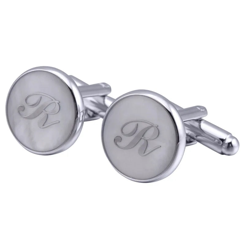 Shell a to Z Letter Alphabet Brass Cufflinks-Silver Color for Wedding Business Party Engagement Anniversary & Gift