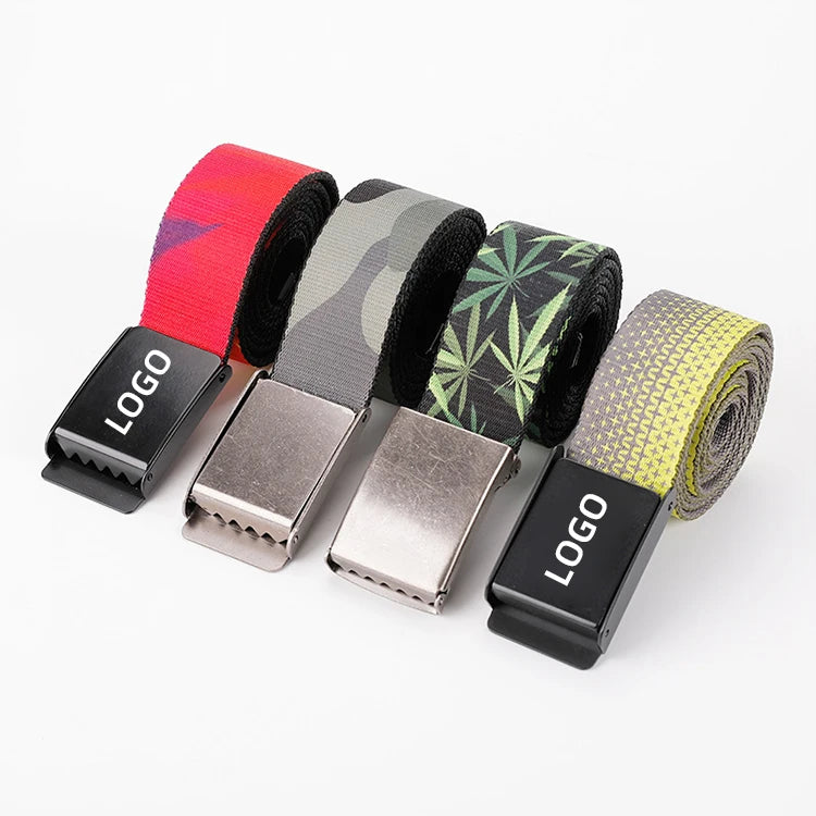 Custom Embossed Buckle Logo With Silk Screen Cotton Canvas Webbing Belts for Men