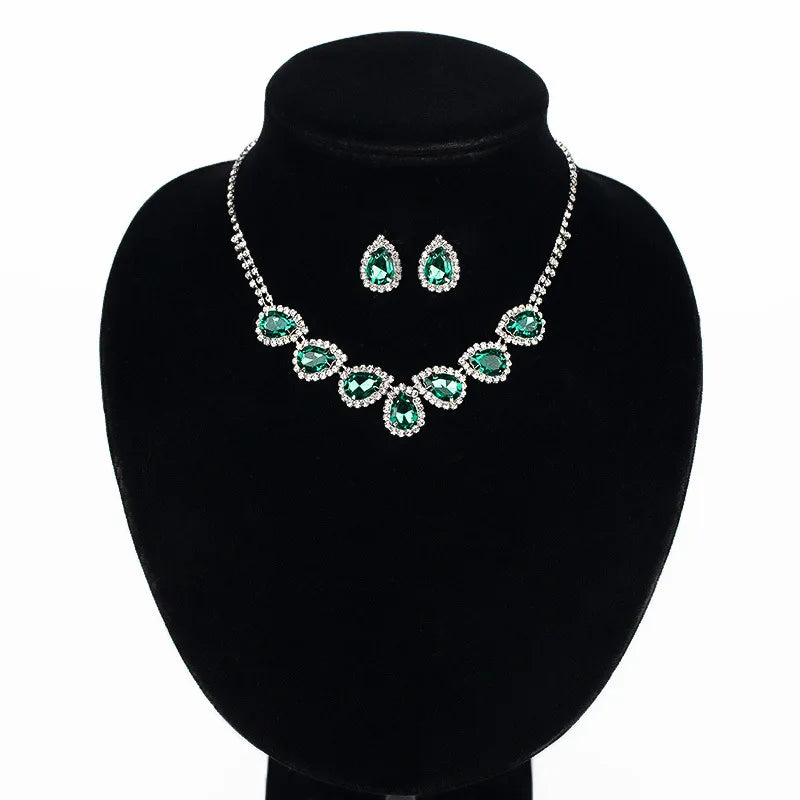 2023 Vintage Statement Necklace and Earrings Set Hot Teardrop Crystal Stone with Emerald Ruby Rhinestones for Weddings Partie