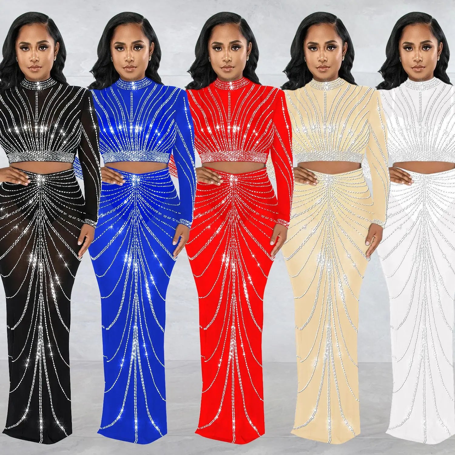 S-XXL European and American Fashion Women's Gauze Hot Drilling Perspective Long Sleeve Long Skirt Two-piece Evening Dress