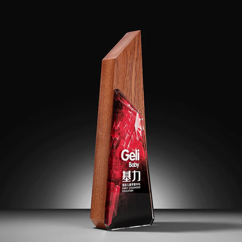2026 High-grade Solid Wood Red Blue Colored Crystal Glass Trophy Awards Custom Logo Crystal Award for Business Sports Events