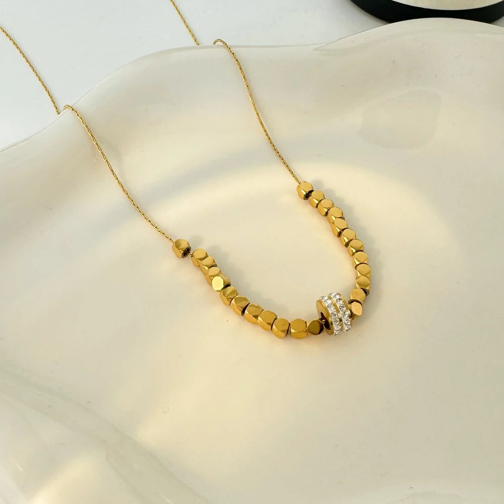 New Fashion Jewelry  Stainless Steel Plated Gold Square Sugar Beads Round Diamond Pendant Necklace