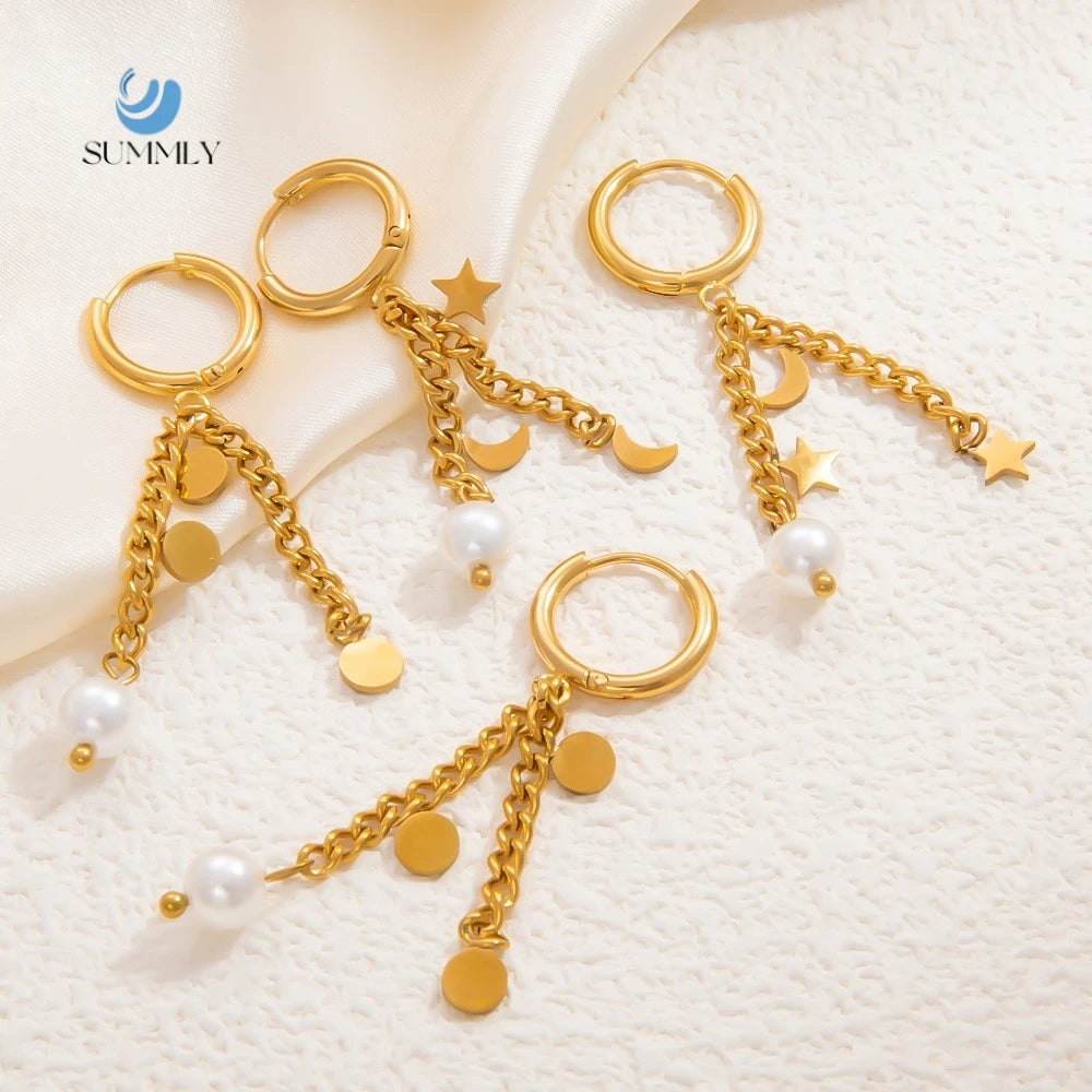 SUMMLY Vintage Pearl Star Moon Chain Pendant 18K Gold Plated Stainless Steel Earrings Fashion Jewelry
