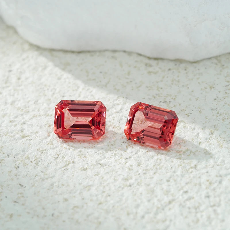 Beautiful Sunset Color Dark Pink Paparadscha Sapphire  Emerald Cut Grown Sapphires Lab Stone
