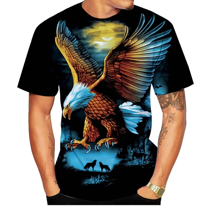 Men's Regular Fit Solid Knitted T-Shirt Top Digital Printed with Eagle Flame Phoenix Fashion Summer Hot O-Neck Short Sleeve T