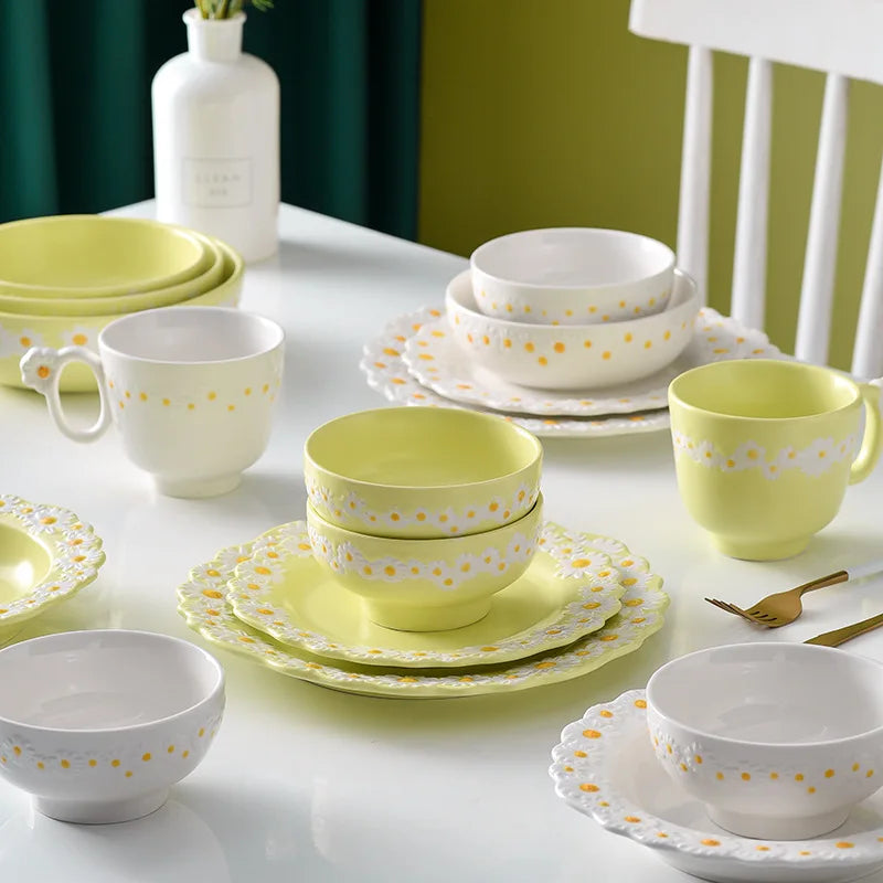 11-16 PCS Small Daisy Print Ceramic Clay Tableware Set Fresh Natural Simple Style Sustainable Dinnerware Bowl Dish Pot