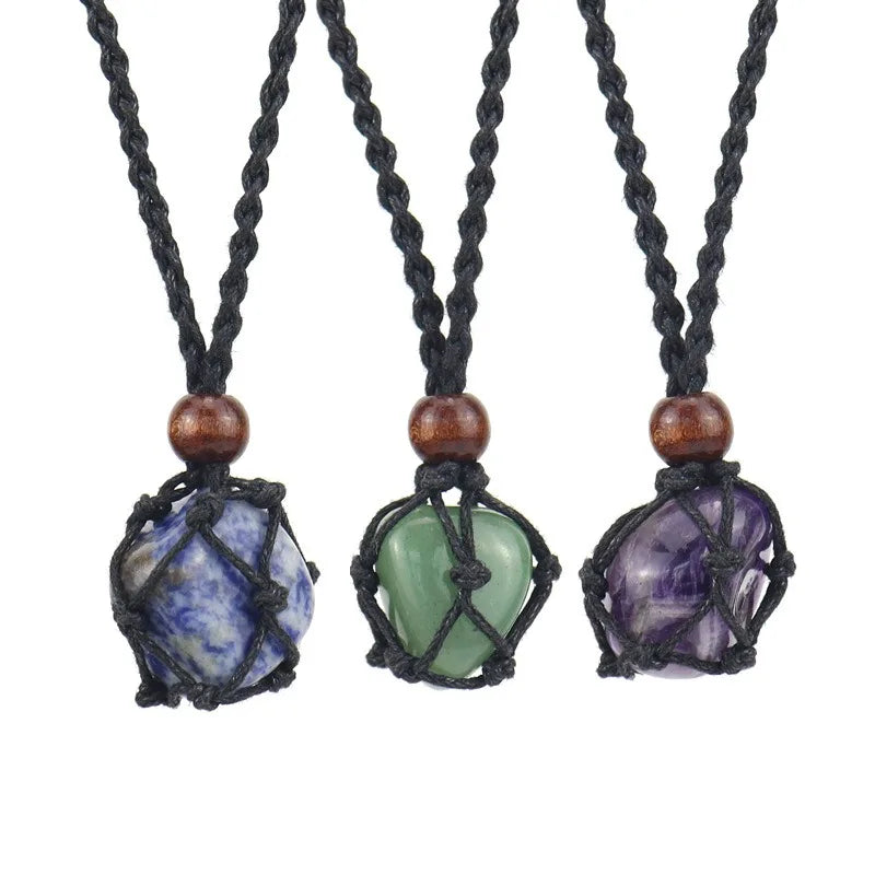 Black Rope Braided Crystal Holder Necklace Polished Tumbled Gemstone Pendant Adjustable Cage Rope Necklace for Women