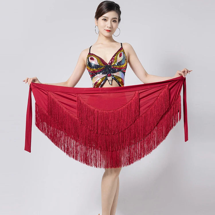 Comfortable Latin Dance Training  Multi Layer Dynamic Tassel Half Circle One Piece Hip Scarf Wrapping Skirt for Women