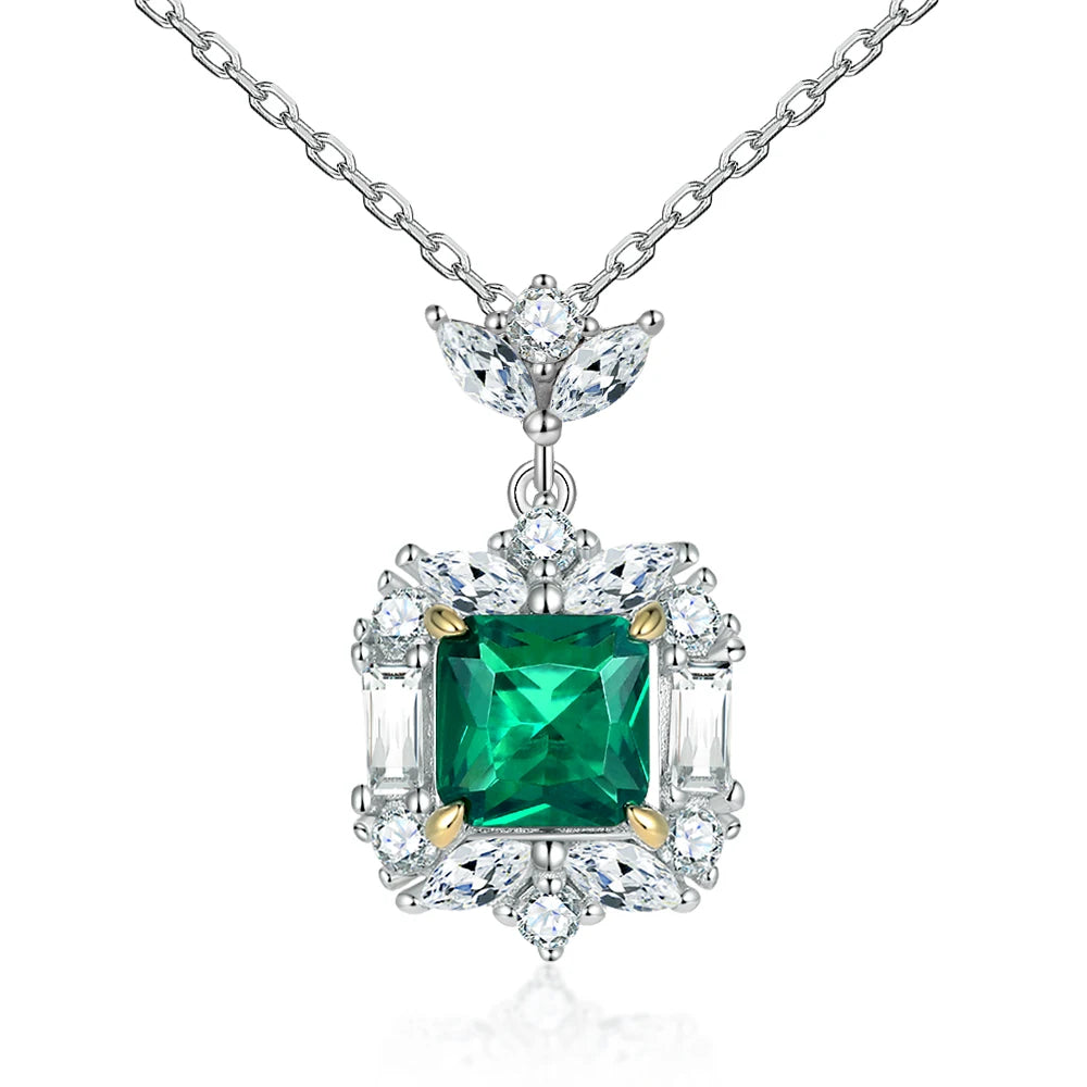 Fine Jewelry Necklaces Luxury 925 Sterling Silver Rhodium Plated Square Emerald Cut Green Zircon Pendant Necklace for Women