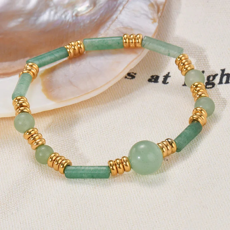 Fashion Jewelry Gold Stainless Steel Beaded Bracelet Bamboo Emerald Olive and Green Jade Natural Stone Bracelet