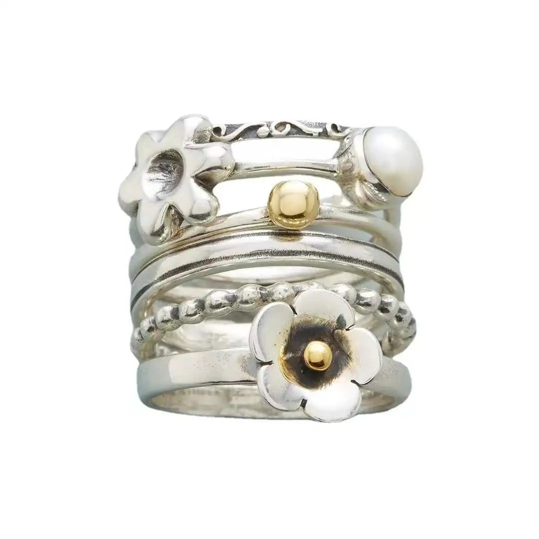 2025 New Wholesale Trendy Simple 6PCS Flower Alloy Plated Jewelry Rings Plating Pearl Rings Decorative Ring Set for Women