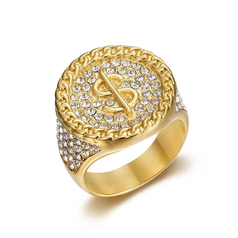 YK Hip Hop Nightclub New Ring Titanium Steel Gold Plated Diamond US Dollar Symbol Men's Fashion Jewelry Rings Wholesale
