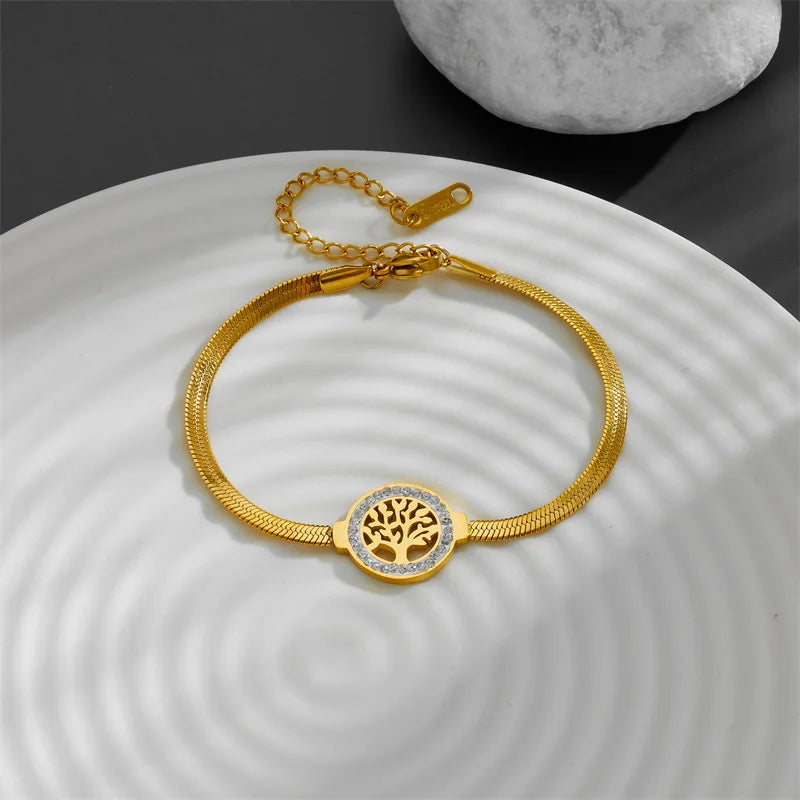 Fashion Tree of Life Pendant Zircon Bracelets Round Snake Bone Chain 18k Gold Plated Stainless Steel Bracelets Jewelry for Wo