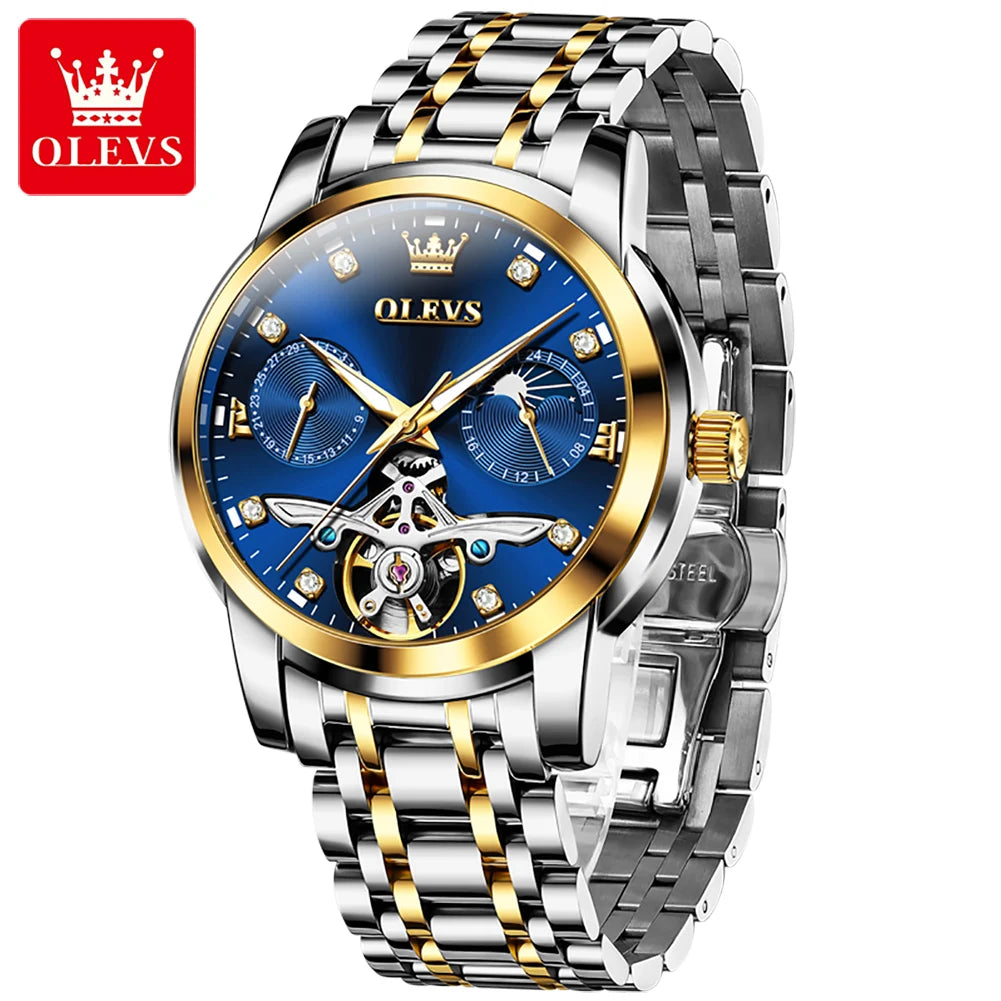 OLEVS 6703 Luxury Watch for Man Oem Custom logo Waterproof Skeleton Stainless Steel Moon Phase Automatic Men Mechanical Watch