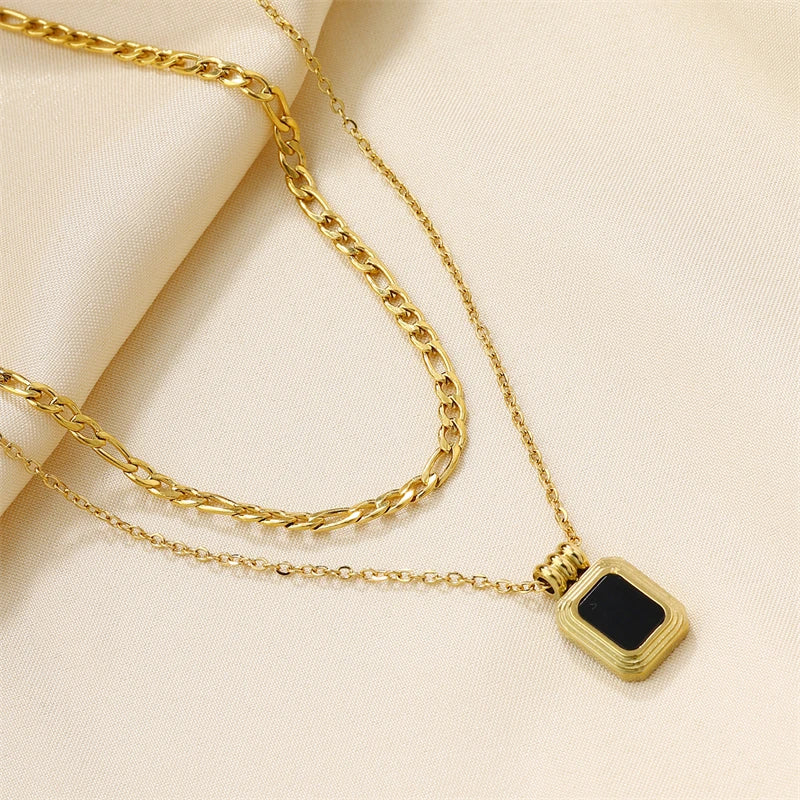 Vintage Stainless Steel Square Gems Pendant Double Chains Necklace Gold 18K for Women