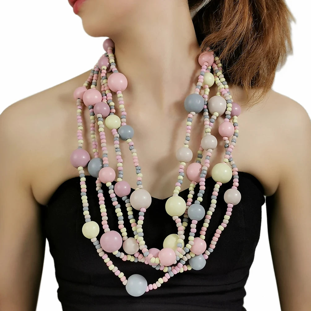 HANSIDON Bohemian Multilayer Wood Beads Link Pink Handmade Eco-Friendly Long Necklace Hawaii Women Fashion Jewelry Wedding Pa