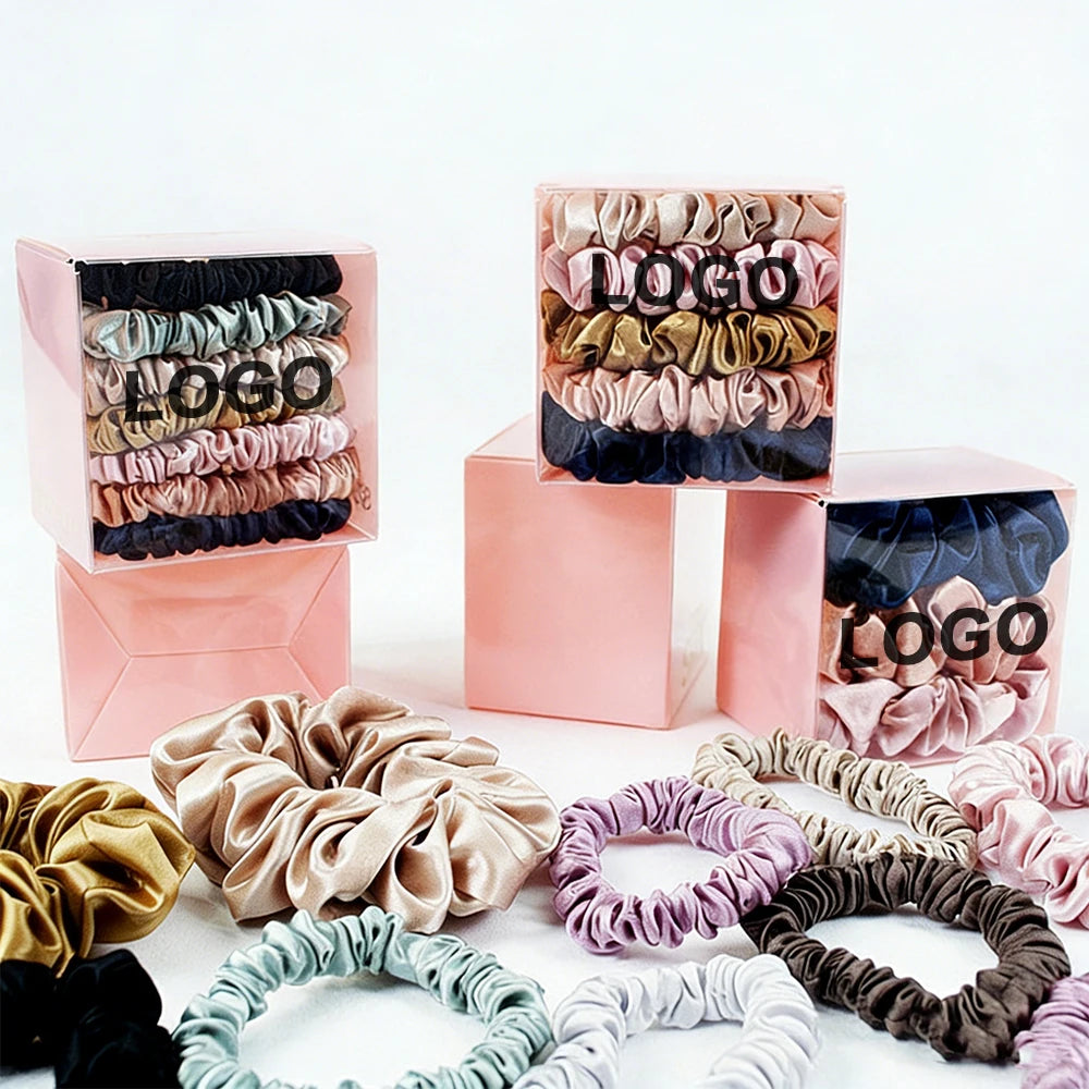 Custom Logo 100% Pure Mulberry Silk Skinny Hair Scrunchie Elastic Ponytail Holder with Customized Color Design for Yoga Spa U