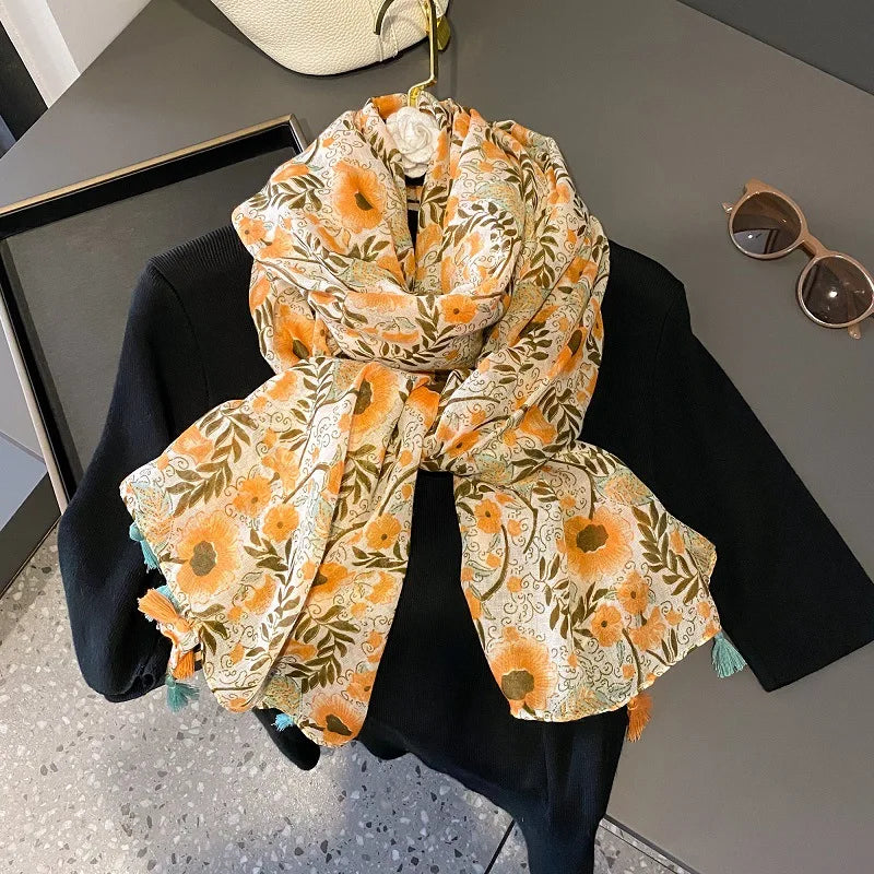 Summer Fashion Lightweight Soft Cotton Voile Printed Wide Scarf With Tassesl Fashion Pink Floral Pattern Beach Cover up Shawl