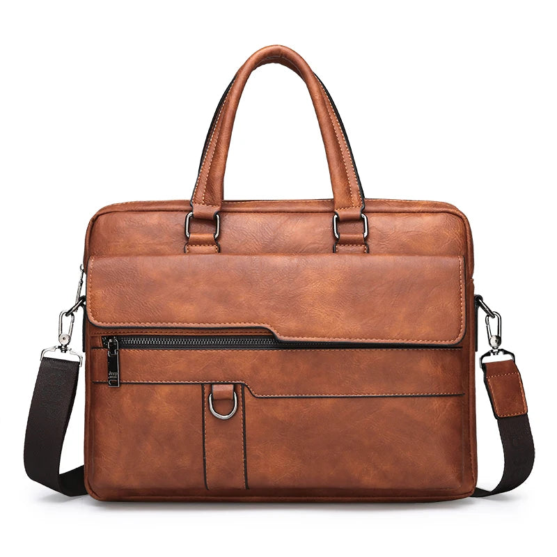 Men's Casual 14 Inch Leather Laptop Briefcase Fashionable PU Leather Horizontal Postman Shoulder Messenger Bag