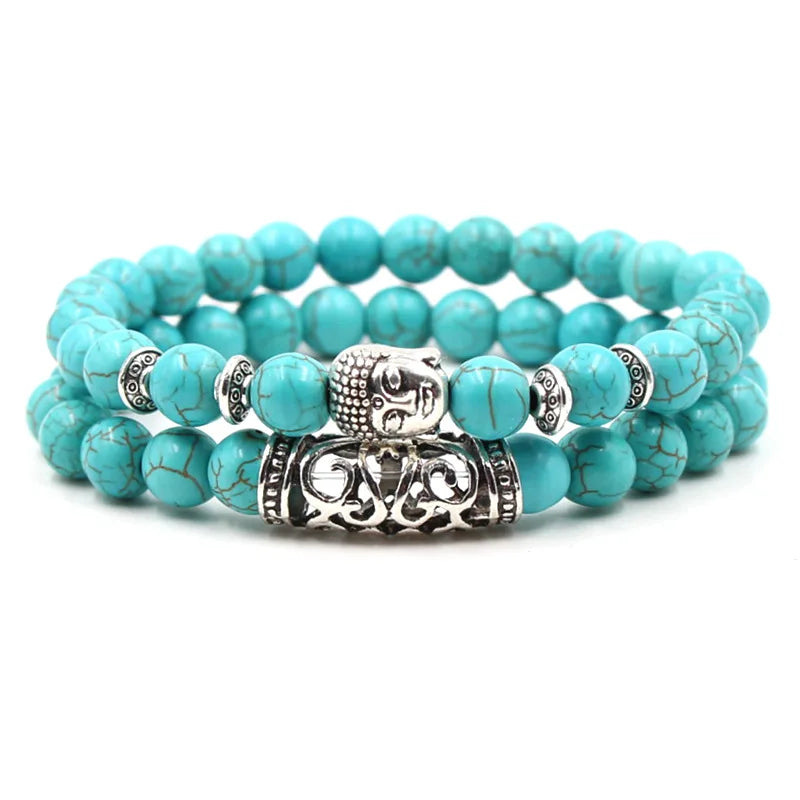 Natural Stone Set Buddha Beads Bracelet Turquoise Energy Elastic Fashion Jewelry Bangle