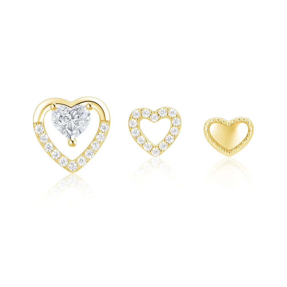 Fashion Earrings Set Jewelry 925 Sterling Silver Hollow love Heart Diamond Zircon Plain Gold Plated Stud Earrings for Women