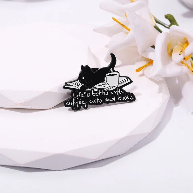 Enjoying Life Cartoon Brooch Cat Books Coffee Letters Metal Enamel Pins Bulk for Clothes Hats