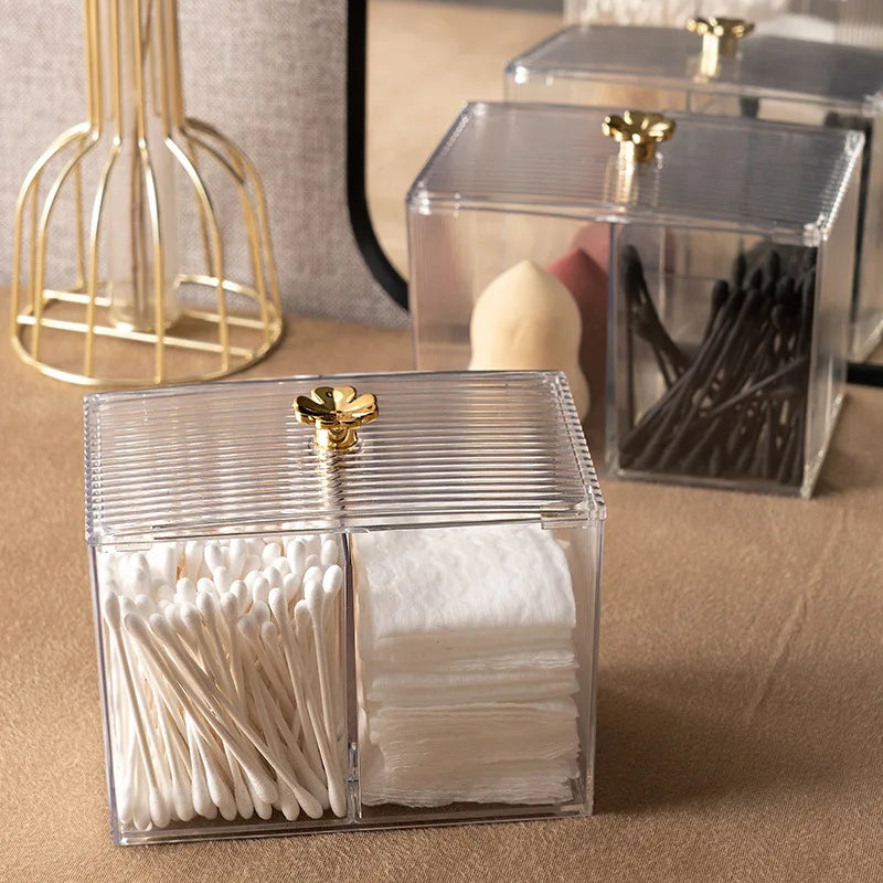 2 Compartments Square Bathroom Canisters Cotton Swab Pad Qtip Holder Dispenser Container