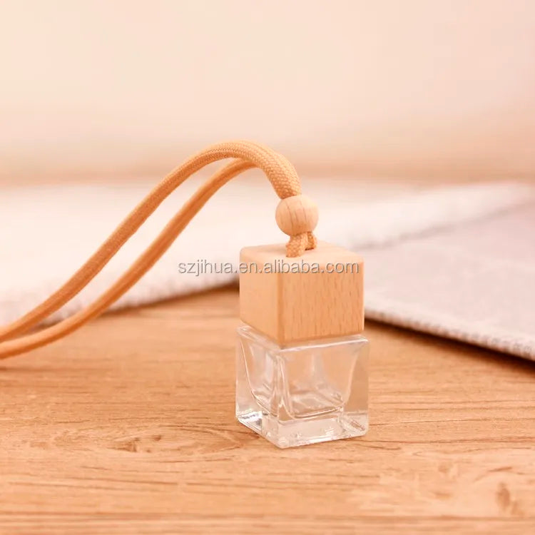 Wholesale Hot Stock 8ml Square Shape Car Perfume Bottle Wooden Lid Screw Cap Eco-Friendly Recyclable Empty Glass Air Freshene
