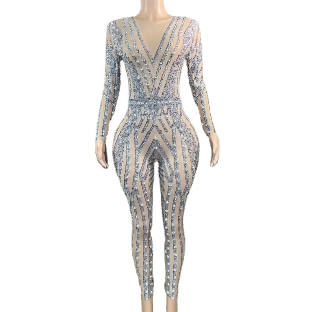 Mono Mujer Sexy Long Sleeve Mesh See Through Rhinestone Plus Size Bodysuit Women Party Club Costume Bodycon One Piece Jumpsui