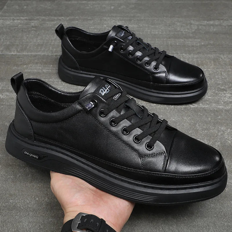 Spring Fashion Cowhide Men's Board Shoes Breathable Slip-on Casual Genuine Leather Shoes Men's Black Flat Shoes