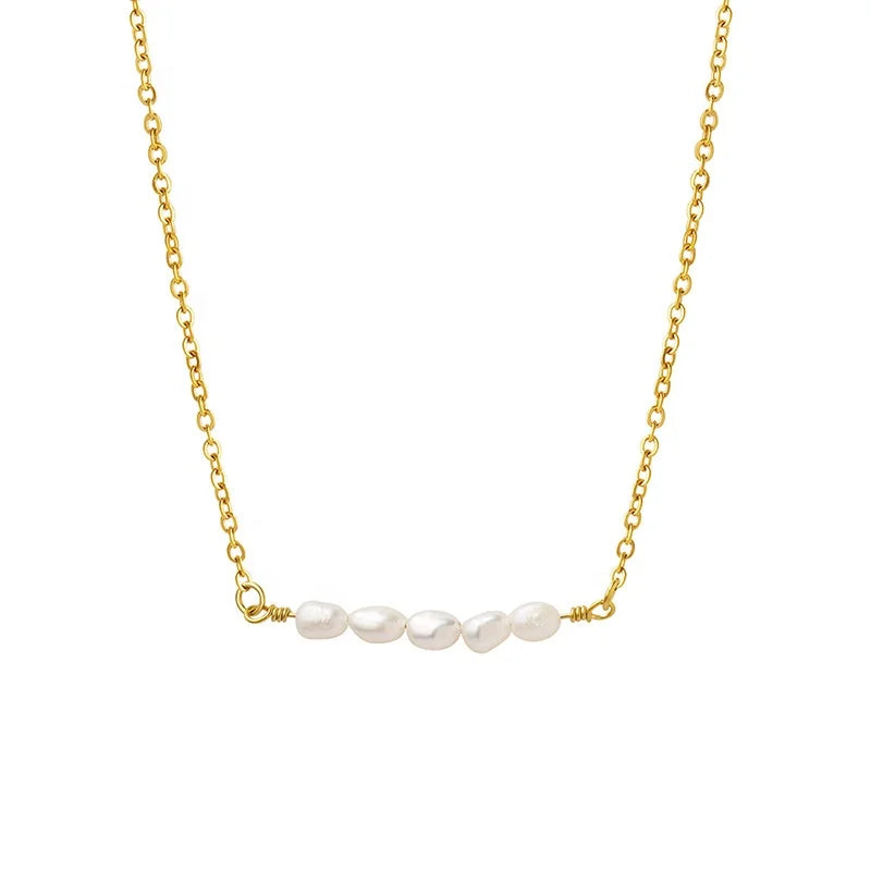 Classic Elegant Fashion Jewelry Geometric Stainless Steel Gold Plated Freshwater Pearl Pendant Women Initial Christmas Neckla