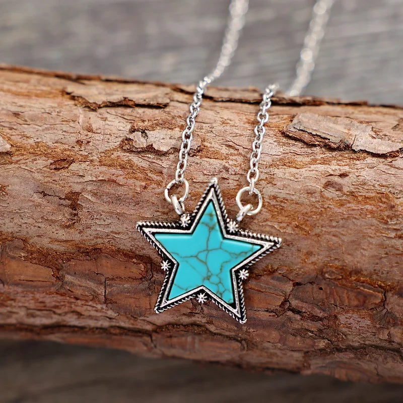 Western Boho Style Vintage Star Shape Turquoise Necklace for Woman