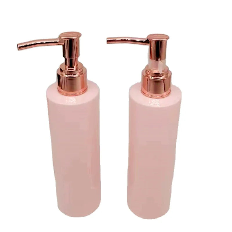 Hot Selling PET Plastic pink Rose Gold Cylindrical Lotion Bottle Gold Electroplating Lotion Pump Head