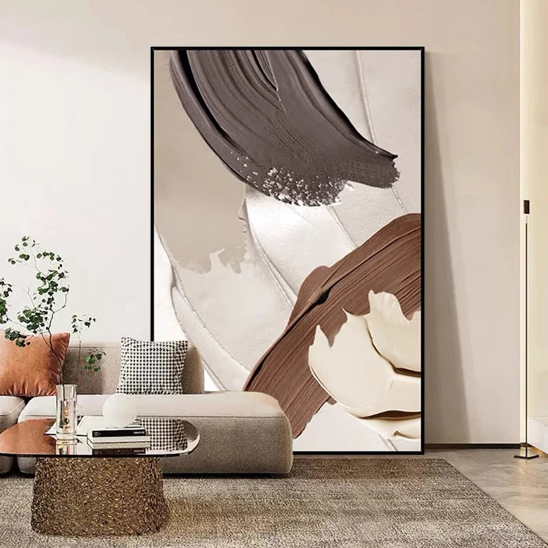 Home Decor 100% Hand Painted Art Painting Large Modern Abstract Acrylic Framed Canvas Handmade Minimalist Beige Brown 60x90cm