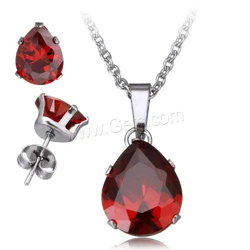Wholesale Faceted Cubic Zirconia Teardrop Stainless Steel Jewelry Sets Oval Chain Approx 18 Inch 1094788