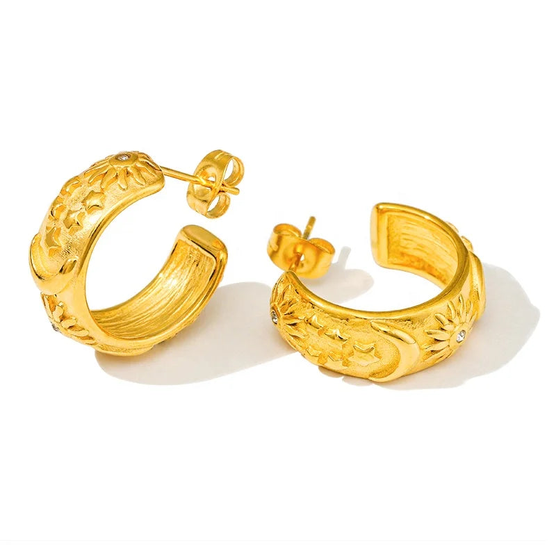 18K Gold Plated Jewelry Waterproof Luxury CC Shaped Vintage Embossment African Earrings Women