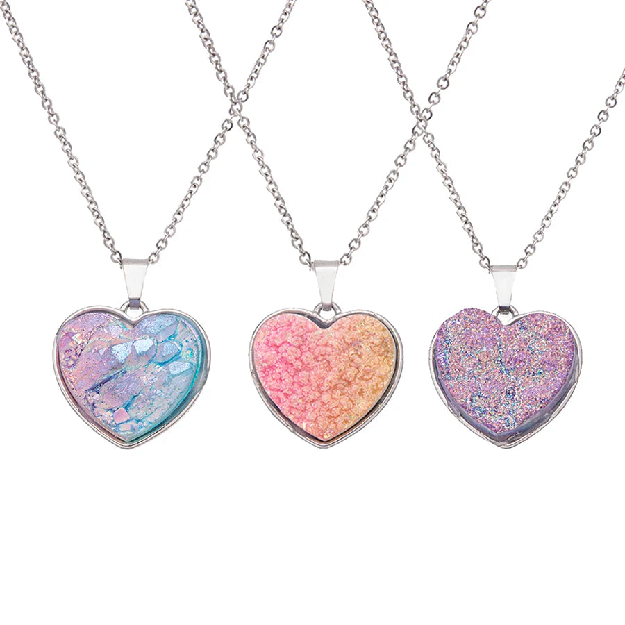 Natural Crystal Stone Rose Quartz Crystal Stone Heart Druzy Pendant Necklace with Stainless Steel Chain Gemstone Jewelry