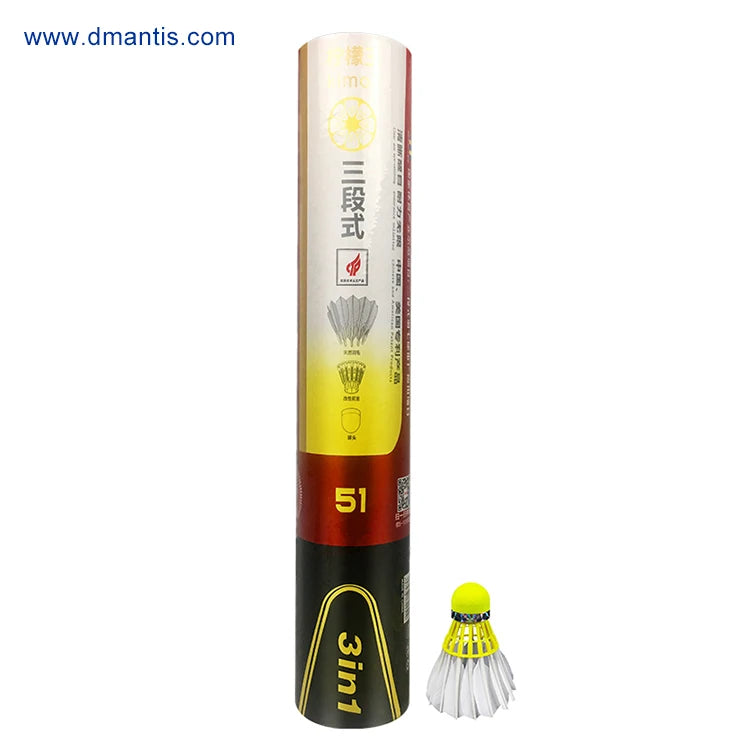 Fluorescent Yellow D51 3in1 12pcs in Pack Stable and Sturdy High Speed for Training  Goose Feather Badminton Shuttlecocks