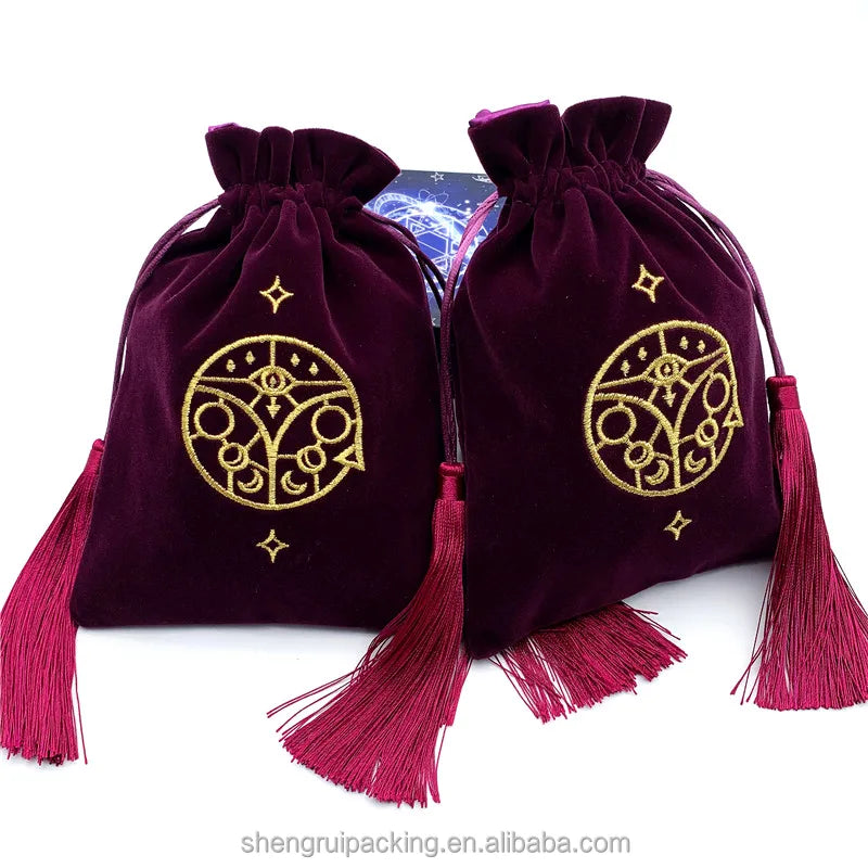NEW Style Red Purple Velvet Cosmetic Bag With Satin Lined Gold Embroidery Velvet Tarot Cards Packaging Bags