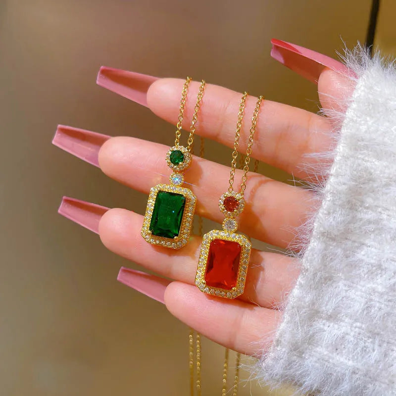 No Fade Stainless Steel Chain Rectangle Emerald Diamond Pendant Necklace Real 18k Gold Plated Square Green Zircon Stone Neckl