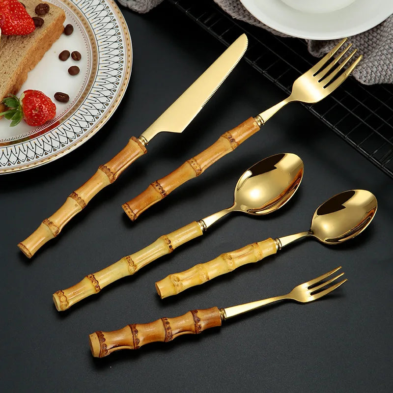 Bamboo Handle Flatware Set Knife Fork Spoon Silverware Stainless Steel Gold Cutlery Set for Restaurant