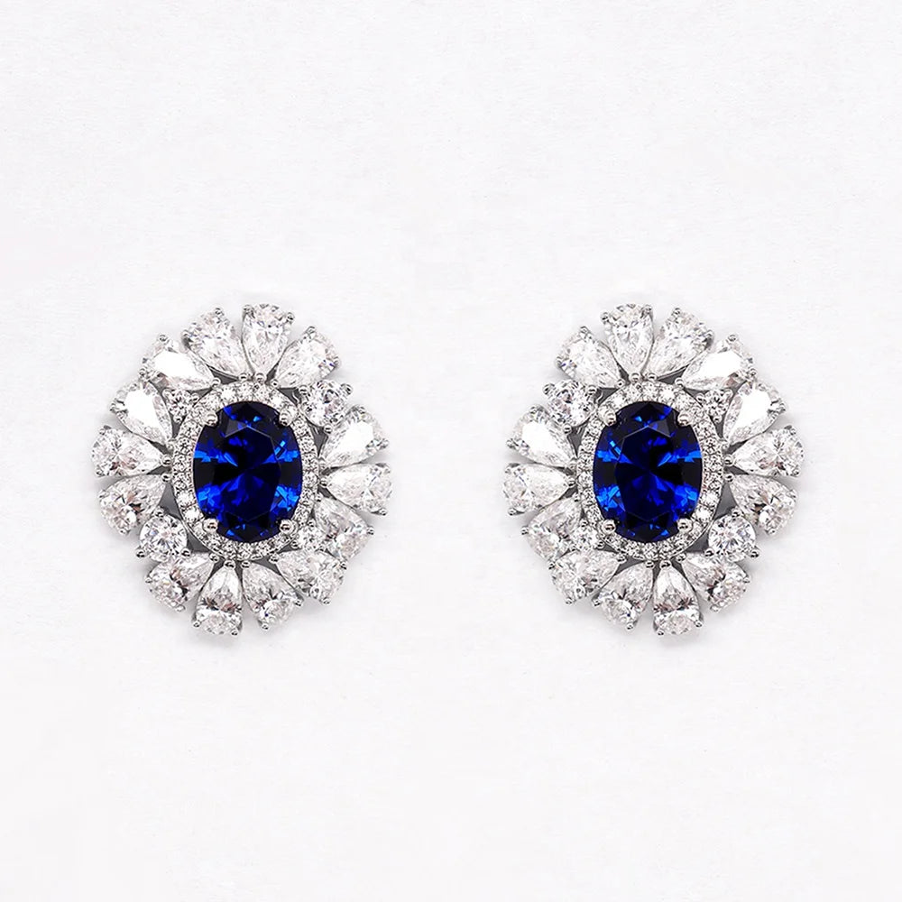 Luxurious and Elegant Oval Ruby Synthetic Corundum Earrings 925 Silver Synthetic Zircon Halo Silver Earrings
