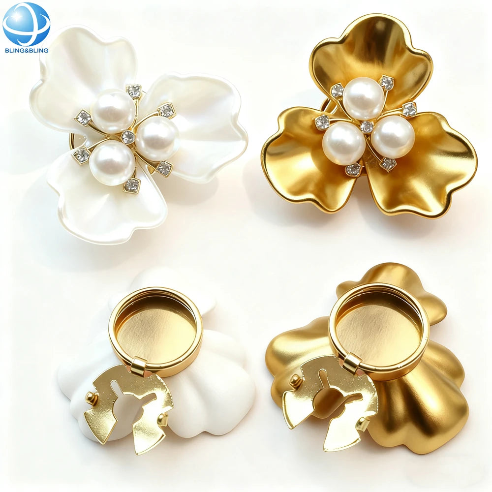 Fancy Pearl Three Resin Petals White Gold Flower Button Covers Cuff-links Removable Button Clasp Clip Women Shirt Button Cove